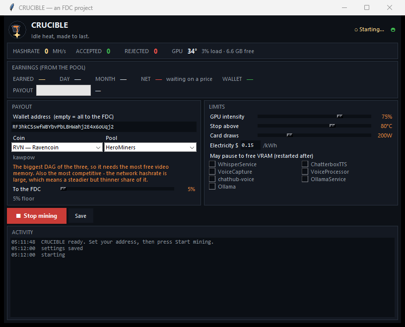 The CRUCIBLE window: hashrate, accepted and rejected shares, GPU temperature and load, earnings, payout and limit settings, and an activity log.